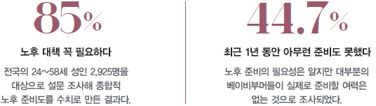 85% 노후 대책 꼭 필요하다. : 전국의 24~58세 성인 2,925명을 대상으로 설문 조사해 종합적 노후 준비도를 수치로 만든 결과다. 44.7% 최근 1년 동안 아무런 준비도 못했다. : 노후 준비의 필요성은 알지만 대부분의 베이비부머들이 실제로 준비할 여력은 없는 것으로 조사되었다.