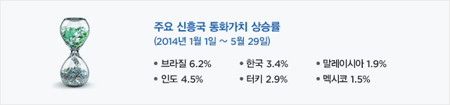 주요 신흥국 통화가치 상승률(2014년 1월 1일 ~ 5월 29일) : 브라질 6.2%, 한국 3.4%, 말레이시아 1.9%, 인도 4.5%, 터키 2.9%, 멕시코 1.5%
