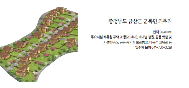 충청남도 금산군 군북면 외부리-면적:26.400㎡, 주요시설:체류형 주택 20동(20세대), 세대별 정원, 공동 텃밭 및 시설하우스, 공동 농기계 보관창고, 다목적 교육관 등, 입주자 문의:041-750-3528