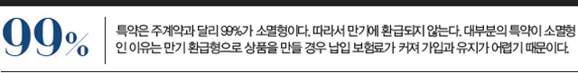 99% : 특약은 주계약과 달리 99%가 소멸형이다. 따라서 만기에 환급되지 않는다. 대부분의 특약이 소멸형인 이유는 만기 환급형으로 상품을 만들 경우 납입 보험료가 커져 가입과 유지가 어렵기 때문이다.
