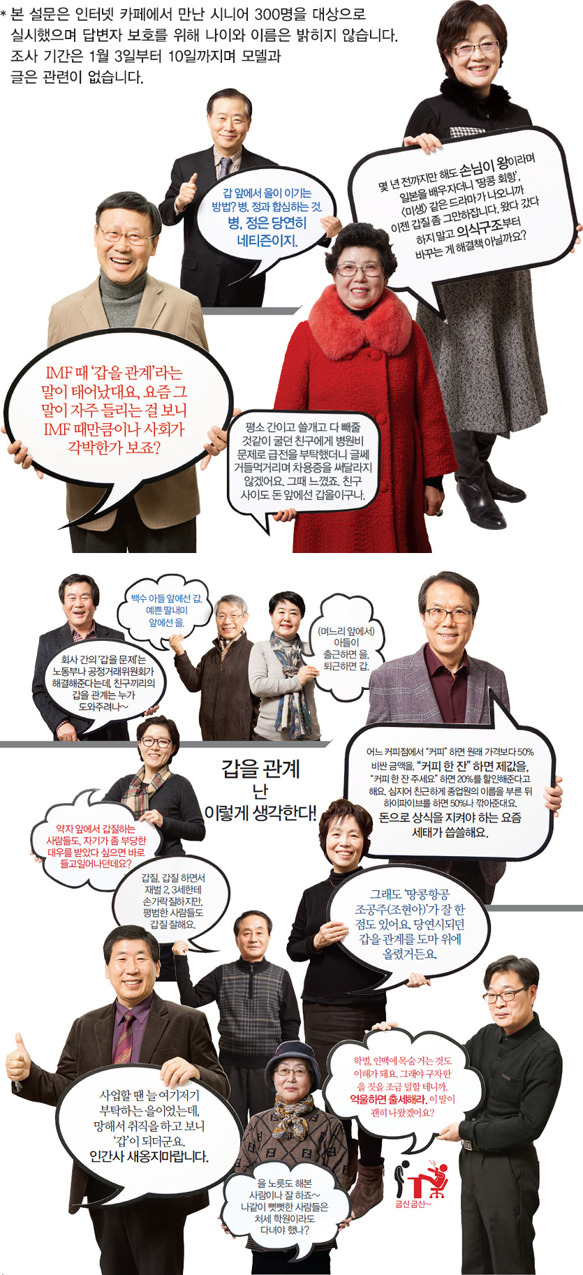 본 설문은 인터넷 카페에서 만난 시니어 300명을 대상으로 실시했으며 답변자 보호를 위해 나이와 이름은 밝히지 않습니다. 조사 기간은 1월 3일부터 10일까지며 모델과 글은 관련이 없습니다.(아래 내용 참고)