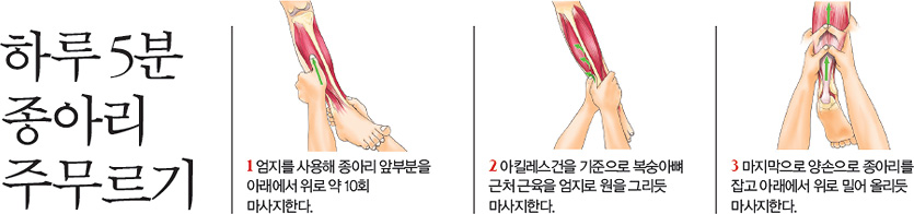 하루 5분 종아리 주무르기, 1.엄지를 사용해 종아리 앞부분을 아래에서 위로 약 10회 마사지한다., 2.아킬레스건을 기준으로 복숭아뼈 근처 근육을 엄지로 원을 그리듯 마사지한다., 3.마지막으로 양손으로 종아리를 잡고 아래에서 위로 밀어 올리듯 마사지한다.