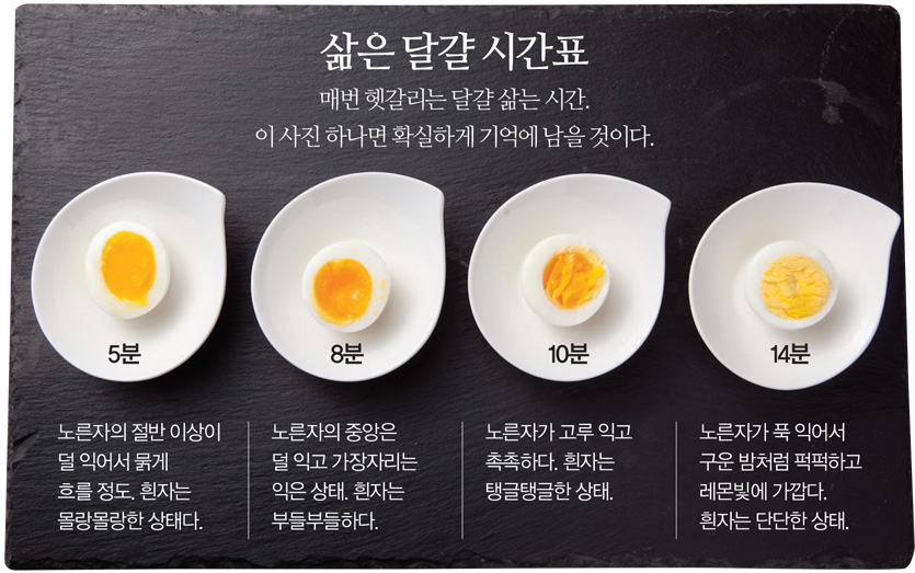 삶은 달걀 시간표 : 매번 헷갈리는 달걀 삶는 시간. 이 사진 하나면 확실하게 기억에 남을 것이다. - 5분 : 덜 익어서 묽게 흐를 정도. 흰자는 몰랑몰랑한 상태다. 8분 : 노른자의 중앙은 덜 익고 가장자리는 익은 상태. 흰자는 부들부들하다. 10분 : 노른자가 고루 익고 촉촉하다. 흰자는 탱글탱글한 상태. 14분 : 노른자가 푹 익어서 구운 밤처럼 퍽퍽하고 레몬빛에 가깝다. 흰자는 단단한 상태.