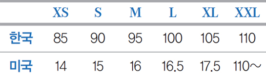 XS, S, M, L, XL, XXL에 해당하는 사이즈는 한국에서는 85, 90, 95, 100, 105, 110으로 미국에서는 14, 15, 16, 16.5, 17.5, 110~으로 표기된다.