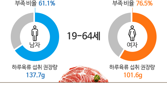19~64세 남자 하루 육류 섭취 권장량 137.7g에서 부족 비율은 61.1%, 여자 하루 육류 섭취 권장량 101.6g에서 부족 비율은 76.5%입니다. : 자료 출처 - 육류소비 현황 및 권장육류 소비모형연구
